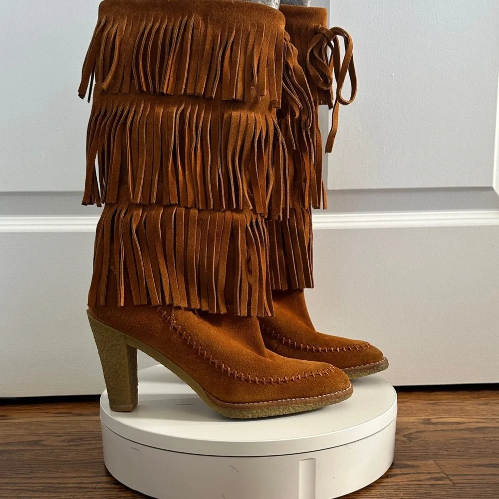 Michael Kors Brown Caramel Tiered Fringe Western Suede Leather Boho Boots Size 7 - Picture 5 of 13
